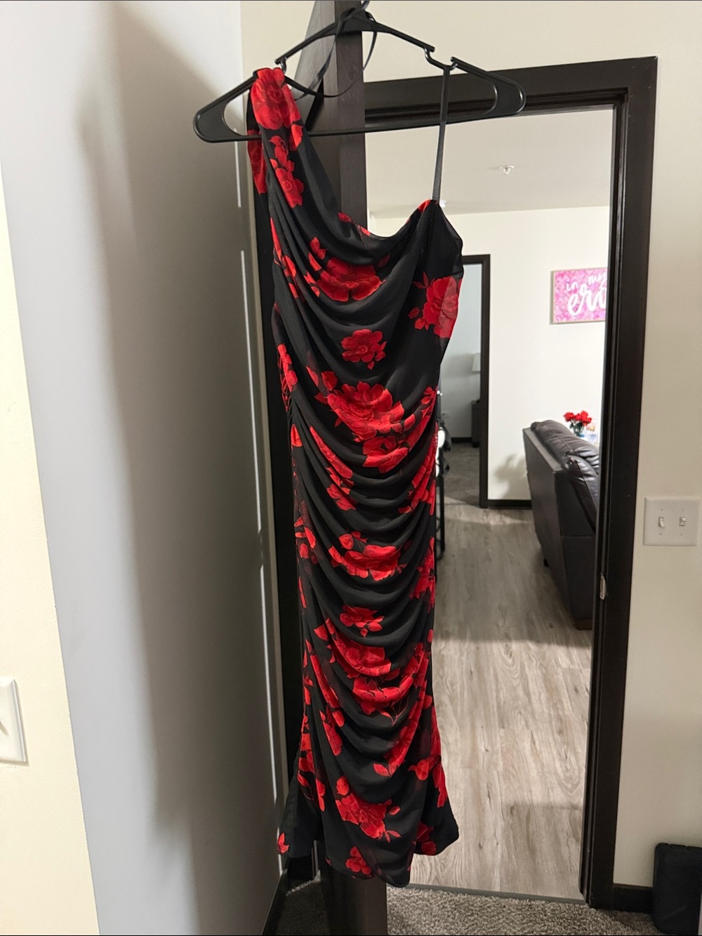 PremierAmour Black Dress with Red Floral Print
